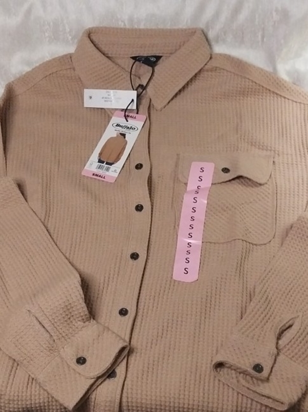 Buffalo David Bitton Beige Waffle-Knit Long Sleeve Button Up Shirt